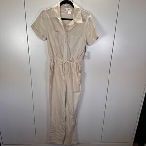 NWT Japna Singh Linen Blend Jumpsuit Womens Collared Utility Romper Beige Size S
